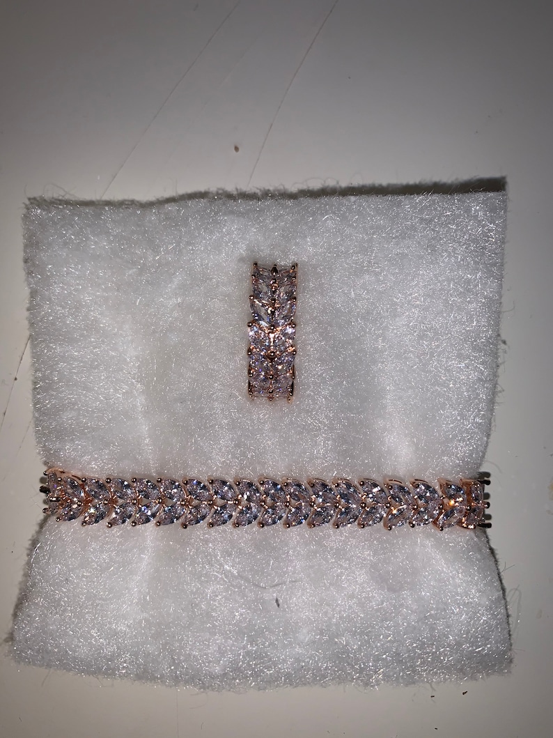 Platinum Rose Gold Leaf diamond Bracelet /& leaf diamond cut Ring Set