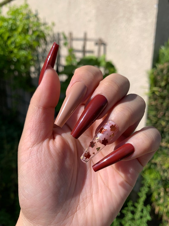 Maroon Leave Press On Nails Autumn Press On Nails Fall Etsy