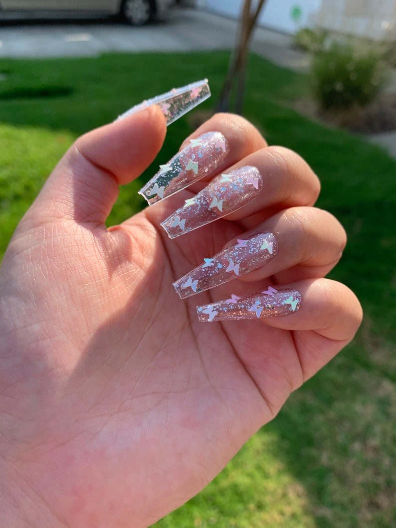 GEL White Butterfly Press On Nails White Iridescent Butterfly Nails Glue On Nails Long Coffin Nails Butterfly Press On Nails image 3