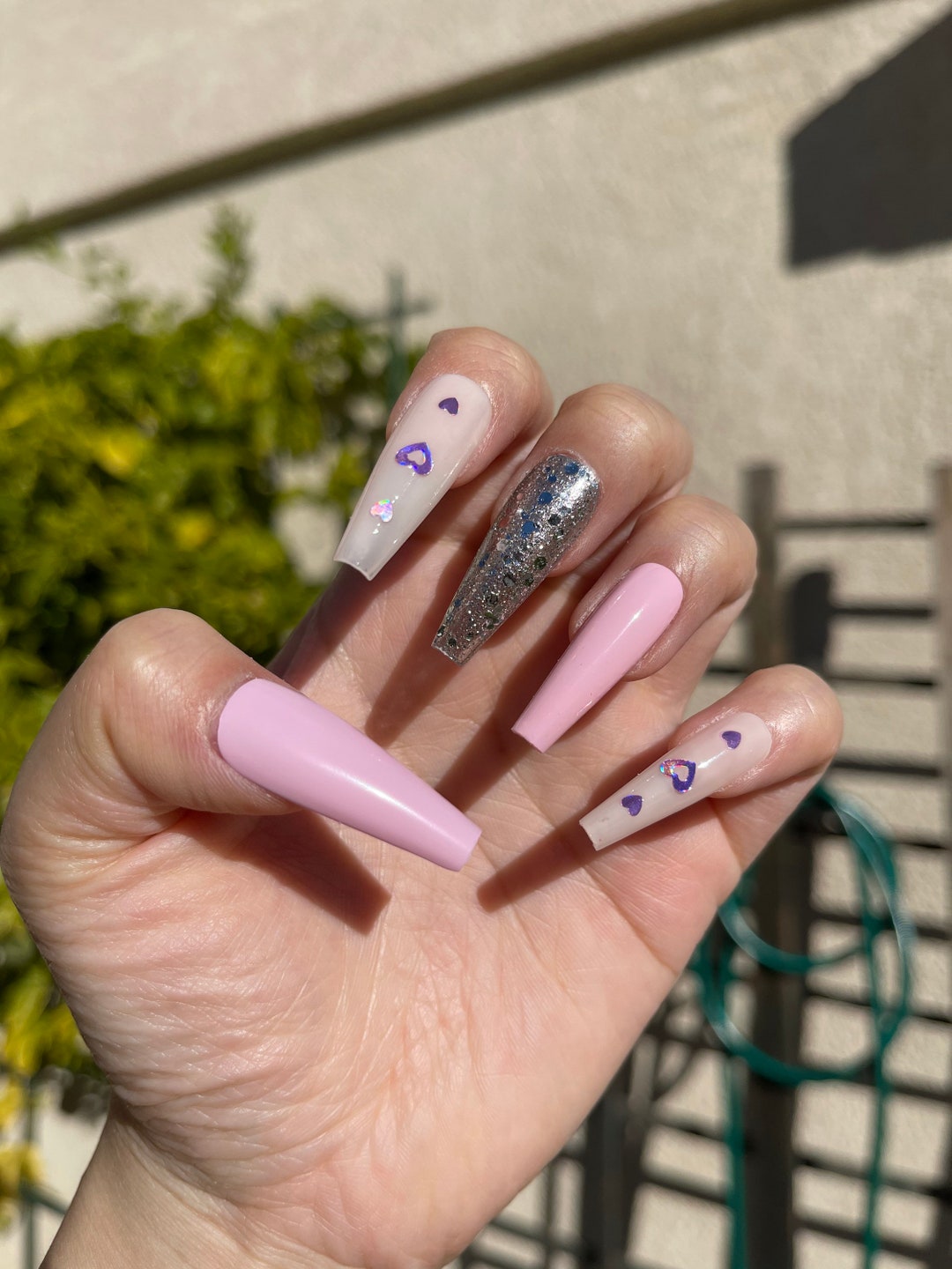 Vday Nails Valentine Day Nails Pink Press on Nails Sparkly Press on Nails Heart Nails Coffin