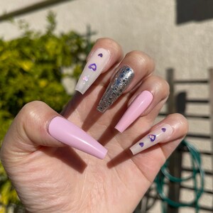 Vday Nails | Valentine Day Nails | Pink Press On Nails | Sparkly Press On Nails | Heart Nails | Coffin Nails | Glue On Nails