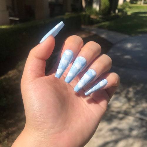 Blue Cloud Press On Nails Blue Cloud Fake Nails Cloud Etsy