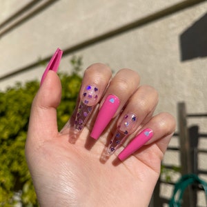 Hot Pink Heart Nails | Holographic Heart Nails | Pink Press On Nails | Valentine Day Nails | Valentine Day Press Ons | Long Coffin Nails |