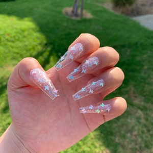 GEL White Butterfly Press On Nails | White Iridescent Butterfly Nails | Glue On Nails | Long Coffin Nails | Butterfly Press On Nails |