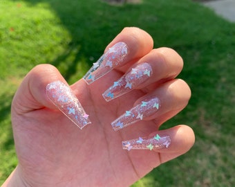 GEL White Butterfly Press On Nails / White Iridescent Butterfly Nails / Glue On Nails / Long Coffin Nails / Butterfly Press On Nails /