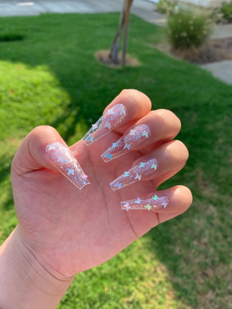 GEL White Butterfly Press On Nails White Iridescent Butterfly Nails Glue On Nails Long Coffin Nails Butterfly Press On Nails image 1