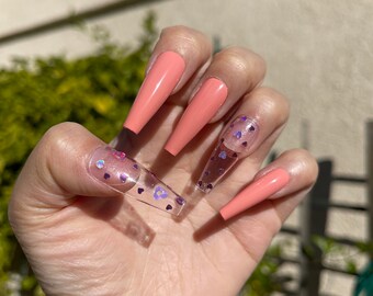 Clear Heart Valentine Day Nails | Salmon Pink Press On Nails | Heart Press On Nails | Coffin Nails | Holographic Heart Nails