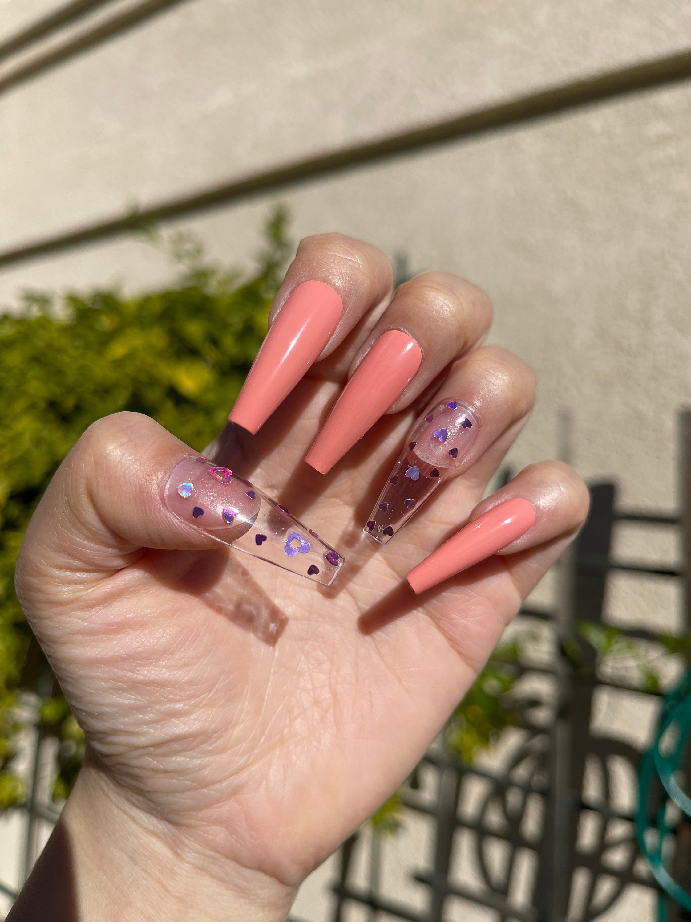 Clear Heart Valentine Day Nails Salmon Pink Press on Nails - Etsy