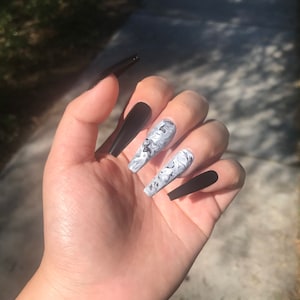 Black and White Marble Press On Nails | Black and White Marble Fake Nails | Black Press On Nails | Coffin/Ballerina Nails | Glue On Nails |