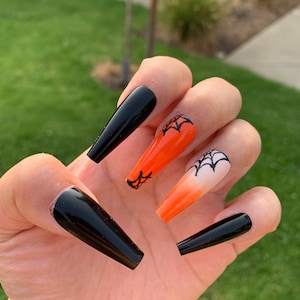 Spider Web Press On Nails | Halloween Press On Nails | Halloween Fake Nails | Halloween Nails | Long Coffin | Glue On Nails | Ombré Nails