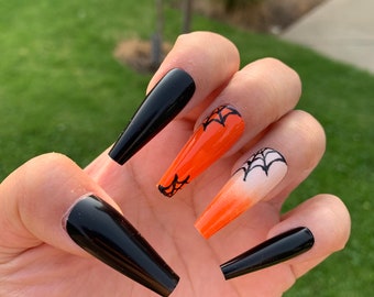 Spider Web Press On Nails | Halloween Press On Nails | Halloween Fake Nails | Halloween Nails | Long Coffin | Glue On Nails | Ombré Nails