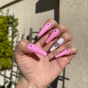 Valentine Day Nails | Valentine Day Press On Nails | Heart Nails | Pink Press On Nails | Long Coffin Nails | Glue On Nails | Ballerina Nails