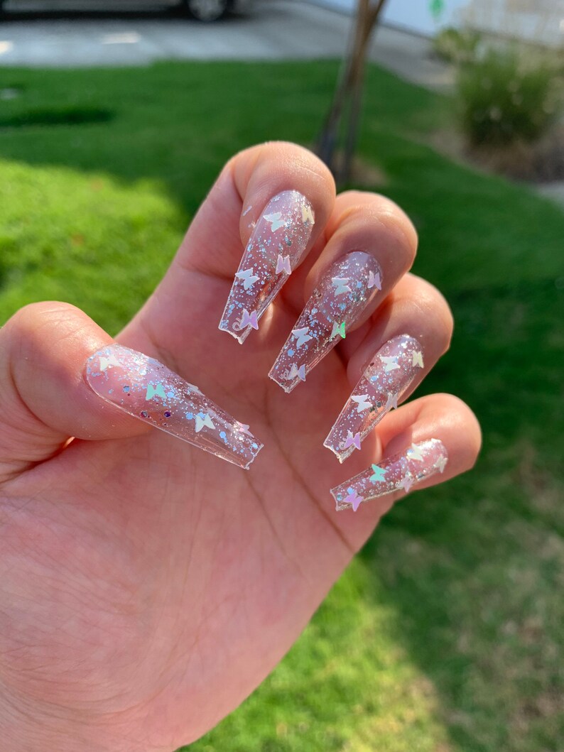 GEL White Butterfly Press On Nails White Iridescent Butterfly Nails Glue On Nails Long Coffin Nails Butterfly Press On Nails image 2