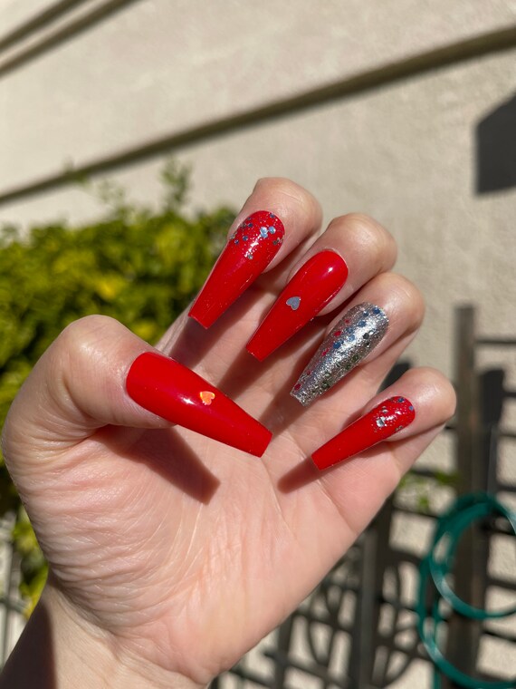 Vibrant Red and Silver Nail Art