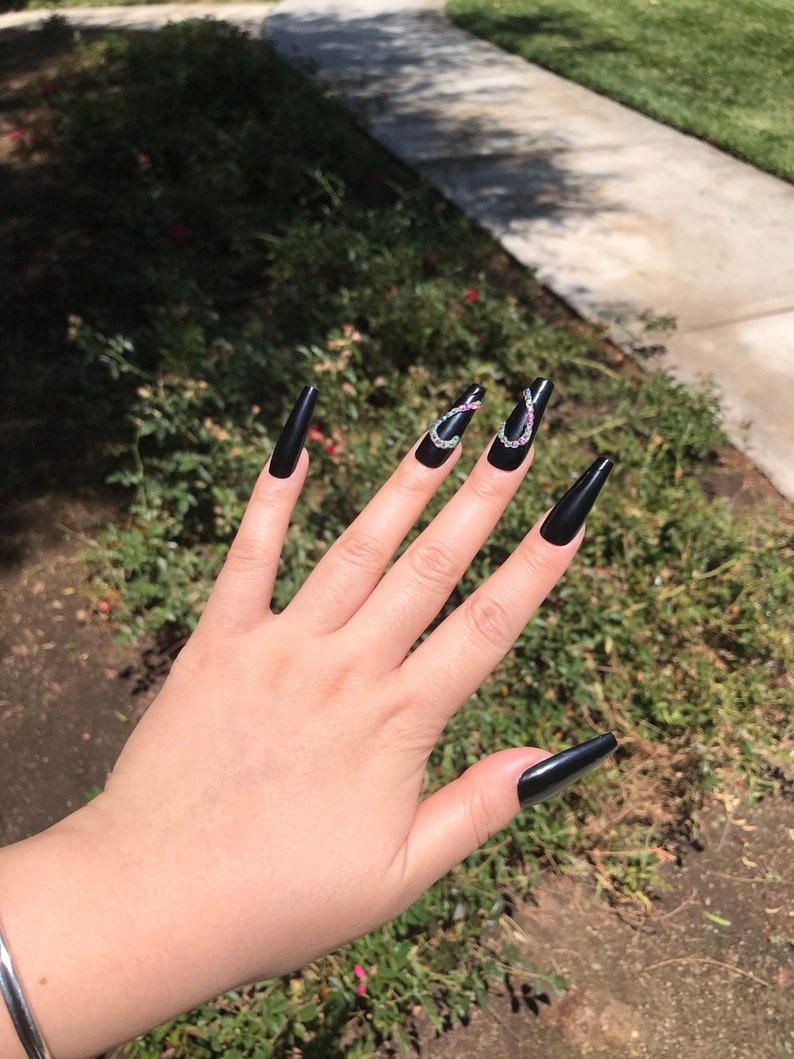 Black Heart Nails Swarovski Nails Black Heart With | Etsy