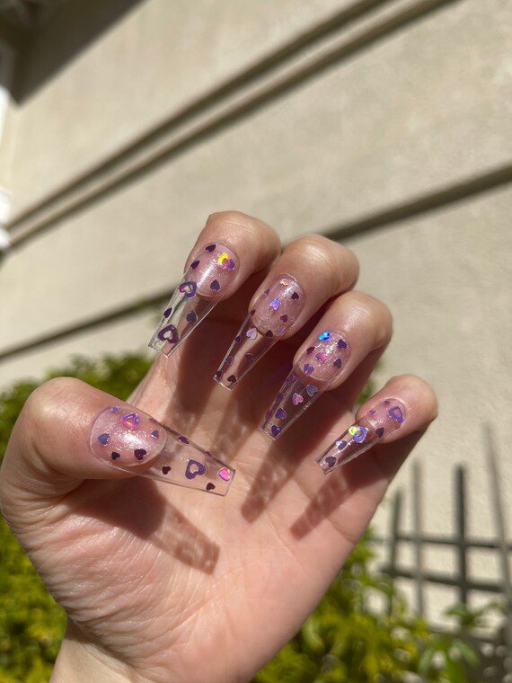 Clear Heart Nails Clear Valentines Day Nails Valentines | Etsy