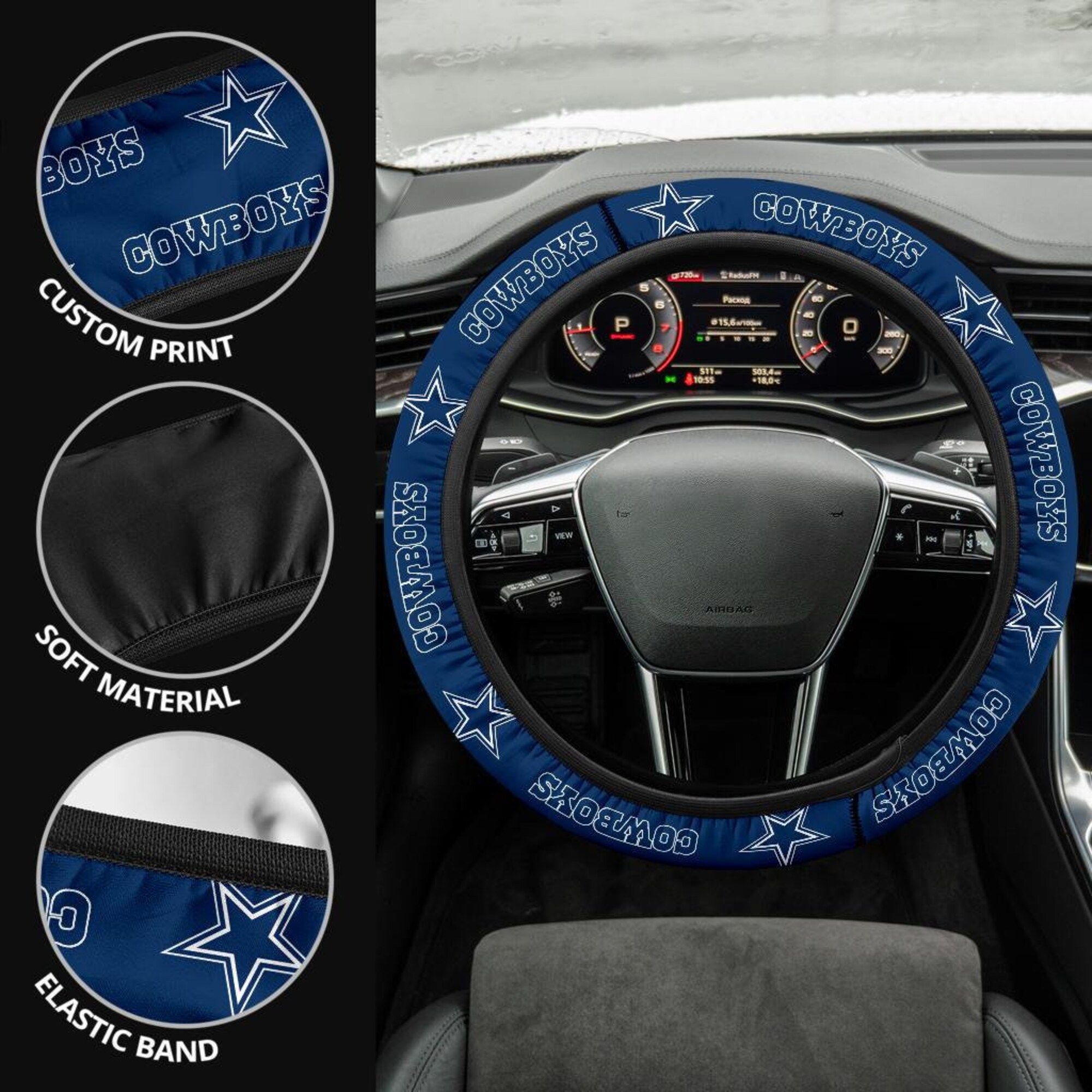 Dallas Cowboys themed custom steering wheel cover for a fan