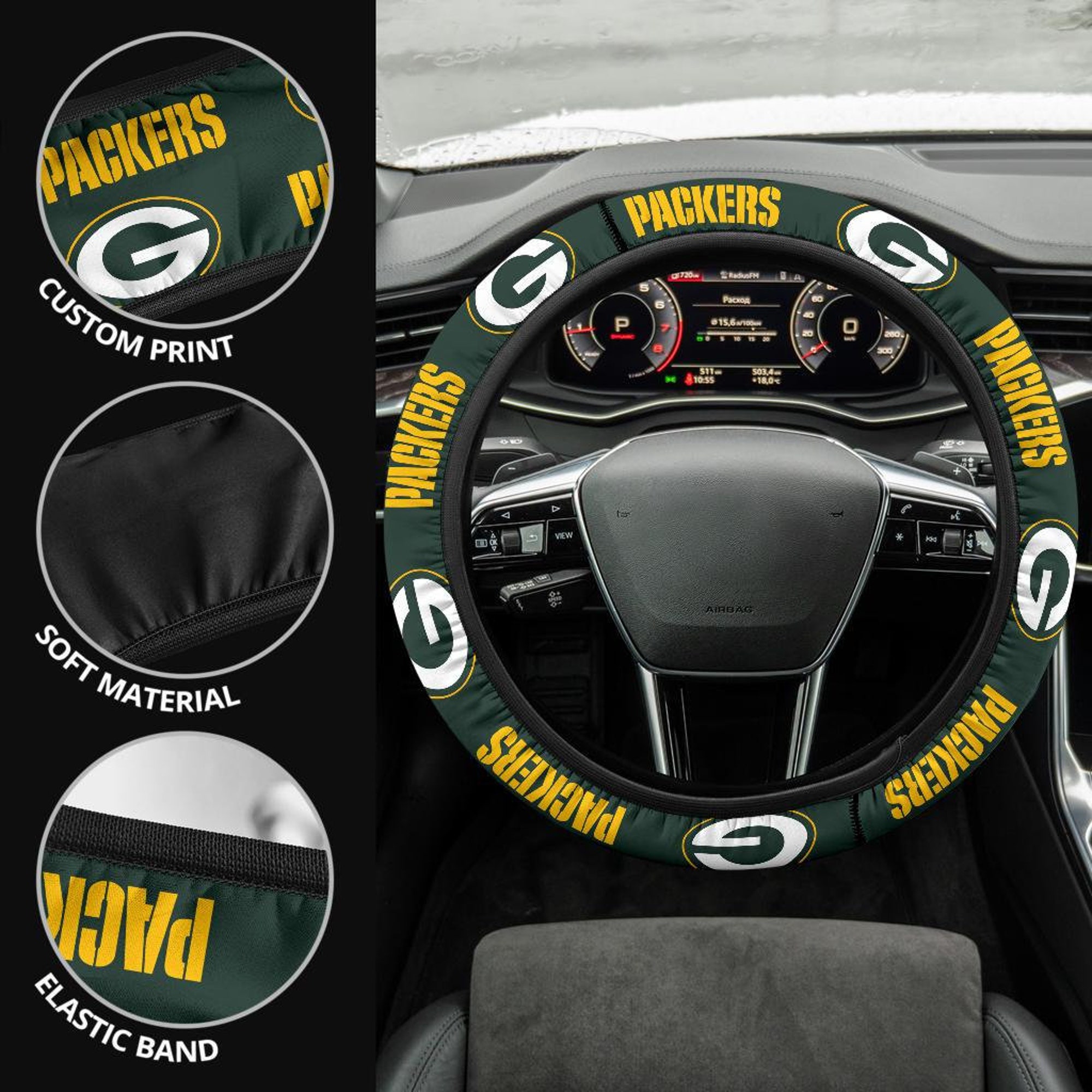Green Bay Packers themed custom steering wheel cover for a fan
