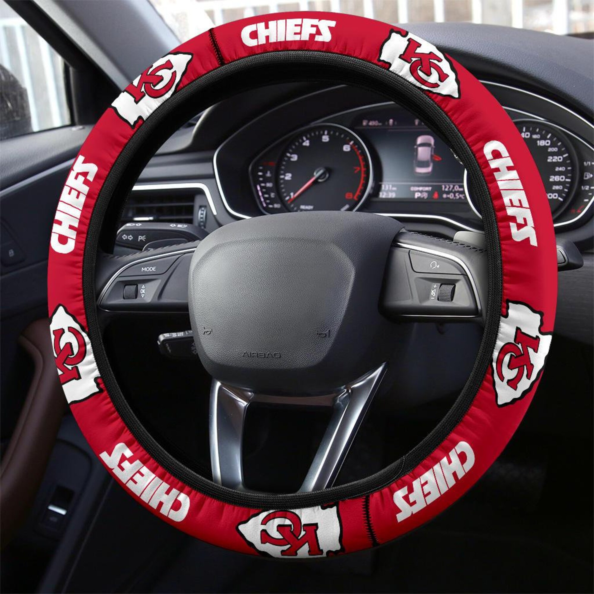 Kansas City Chiefs themed custom steering wheel cover for a fan