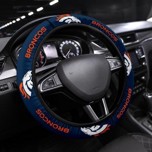 Denver Broncos themed custom steering wheel cover for a fan