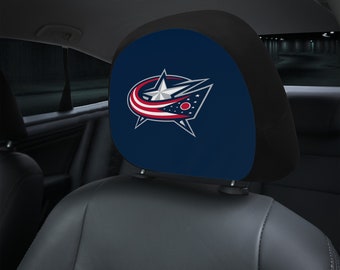 Columbus Blue Jackets themed custom car headrest cover for a fan