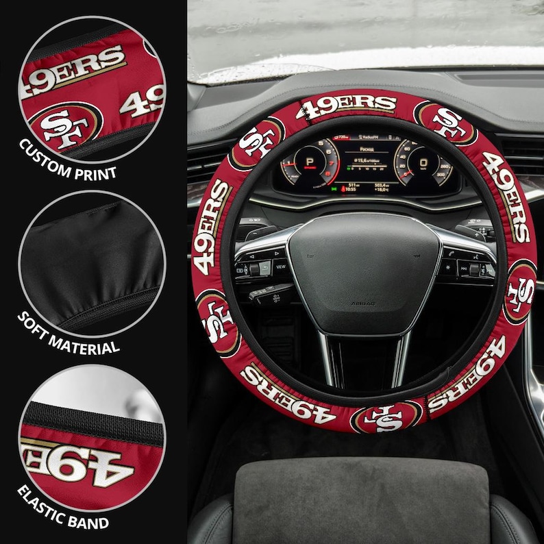 May include: Red and gold steering wheel cover with the San Francisco 49ers logo and the words "49ers" repeated around the cover. The cover is made of soft material and has an elastic band.