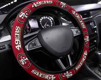 San Francisco 49ers themed custom steering wheel cover for a fan, Fits Most Vehicles, Football Fan Gift