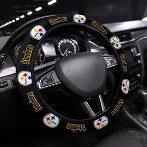 Pittsburgh Steelers themed custom steering wheel cover for a fan, Fits Most Vehicles, Football Fan Gift