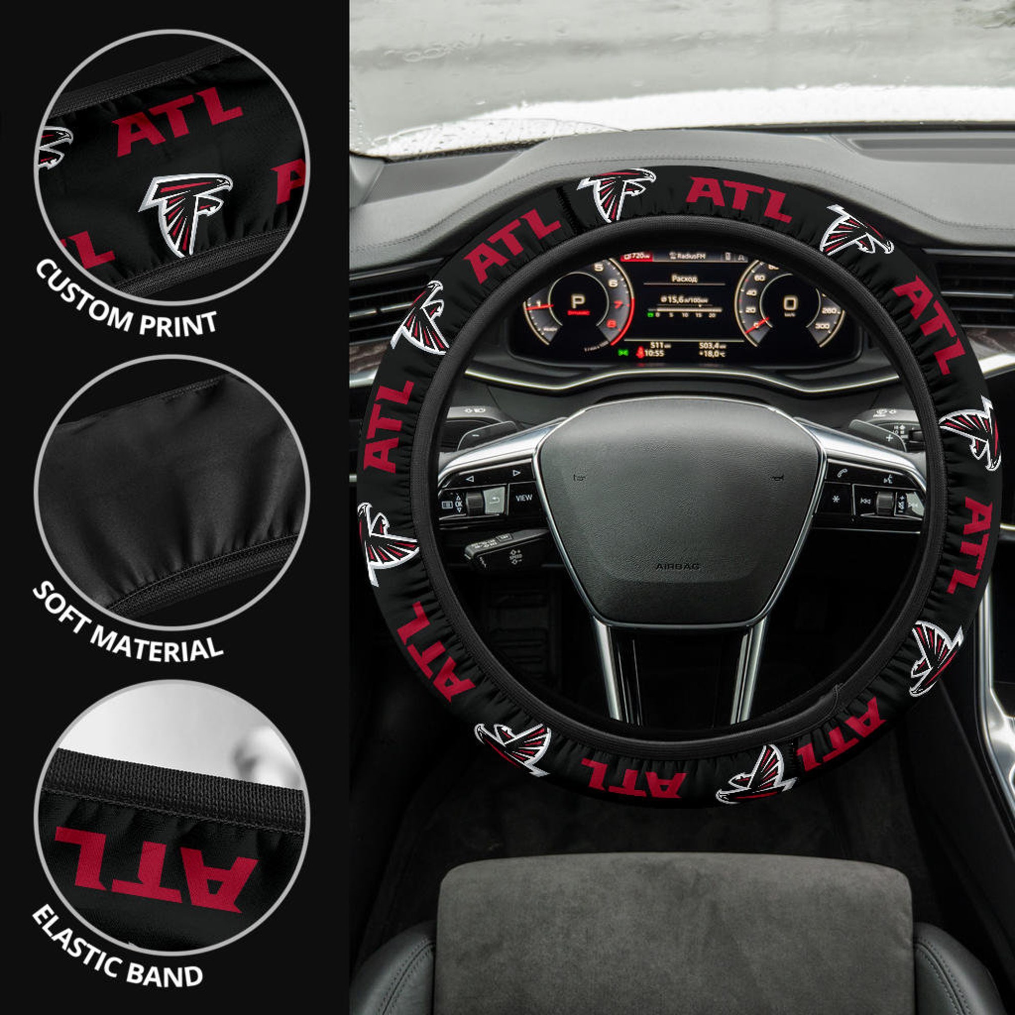 Atlanta Falcons themed custom steering wheel cover for a fan