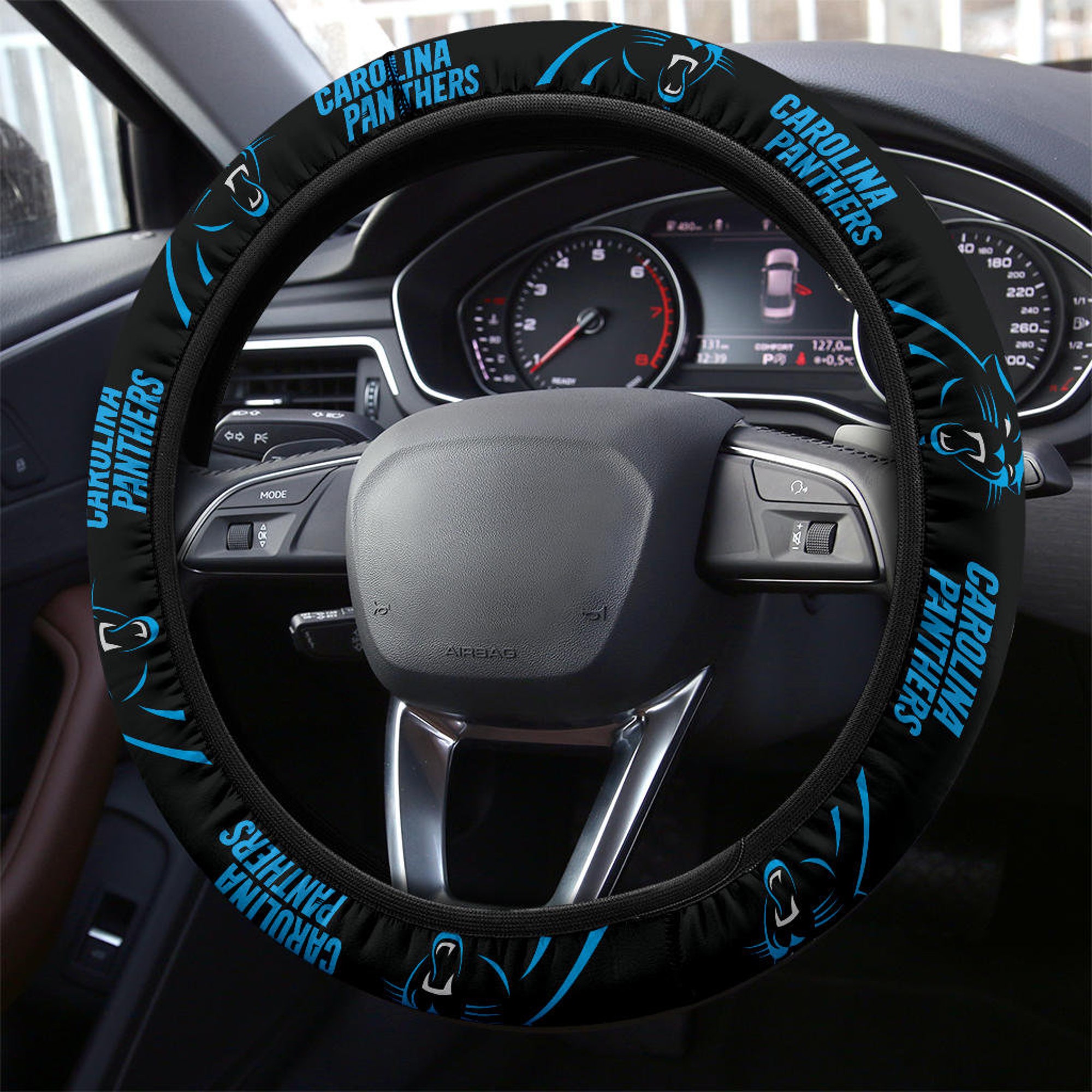Carolina Panthers themed custom steering wheel cover for a fan