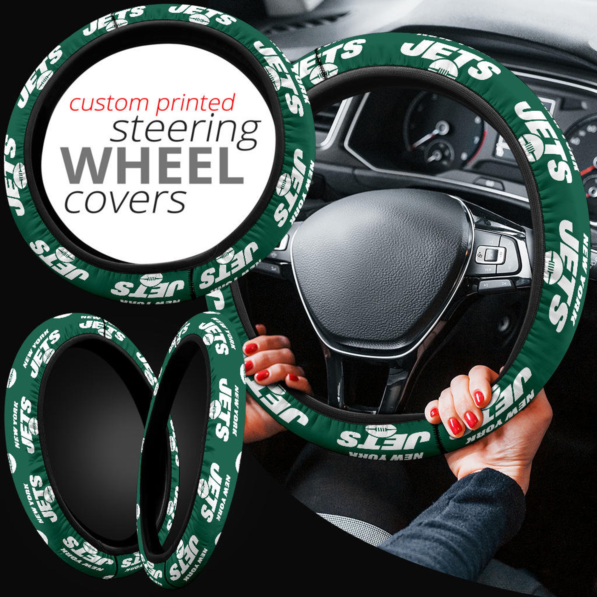 New York Jets themed custom steering wheel cover for a fan