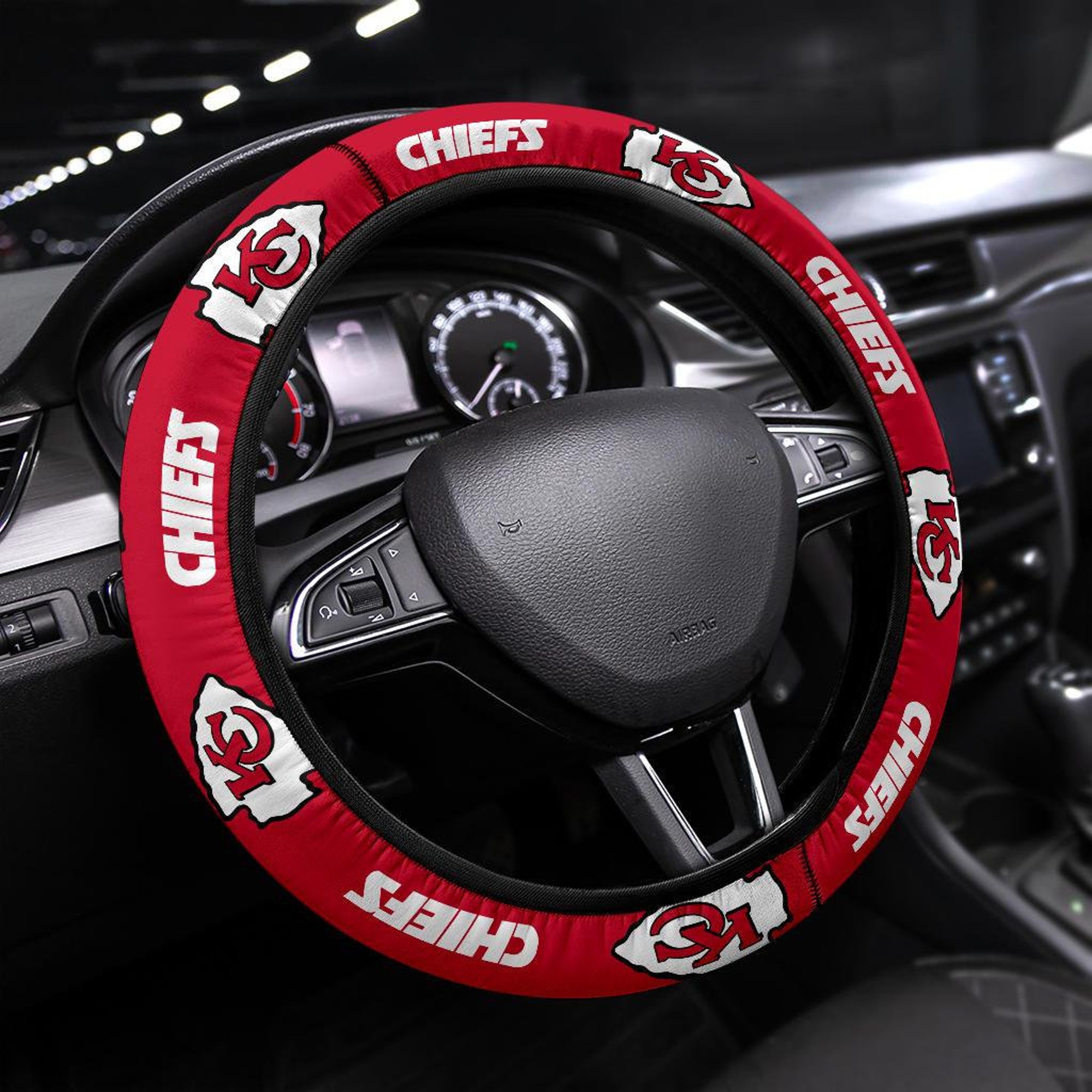 Kansas City Chiefs themed custom steering wheel cover for a fan