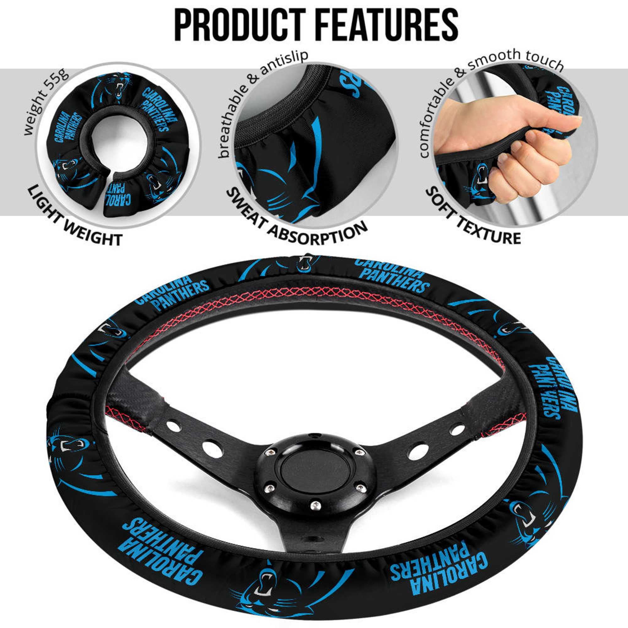 Carolina Panthers themed custom steering wheel cover for a fan
