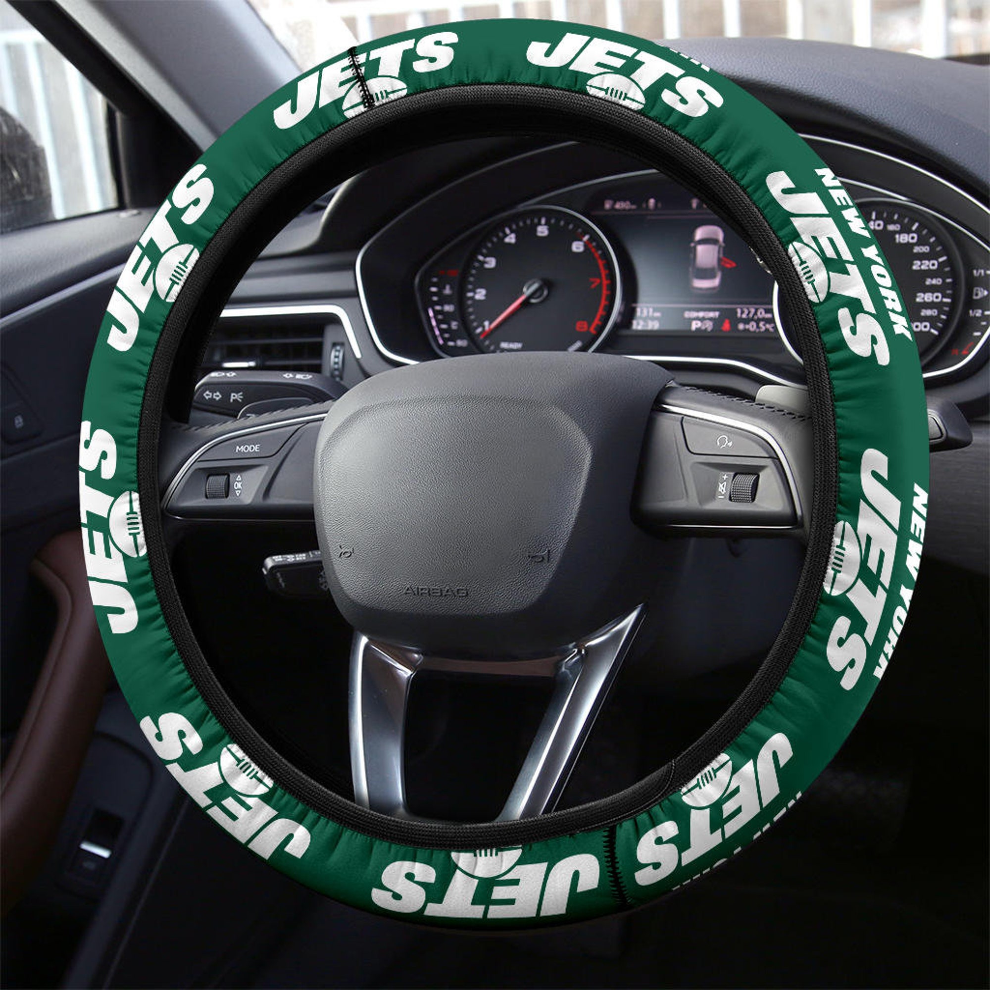 New York Jets themed custom steering wheel cover for a fan