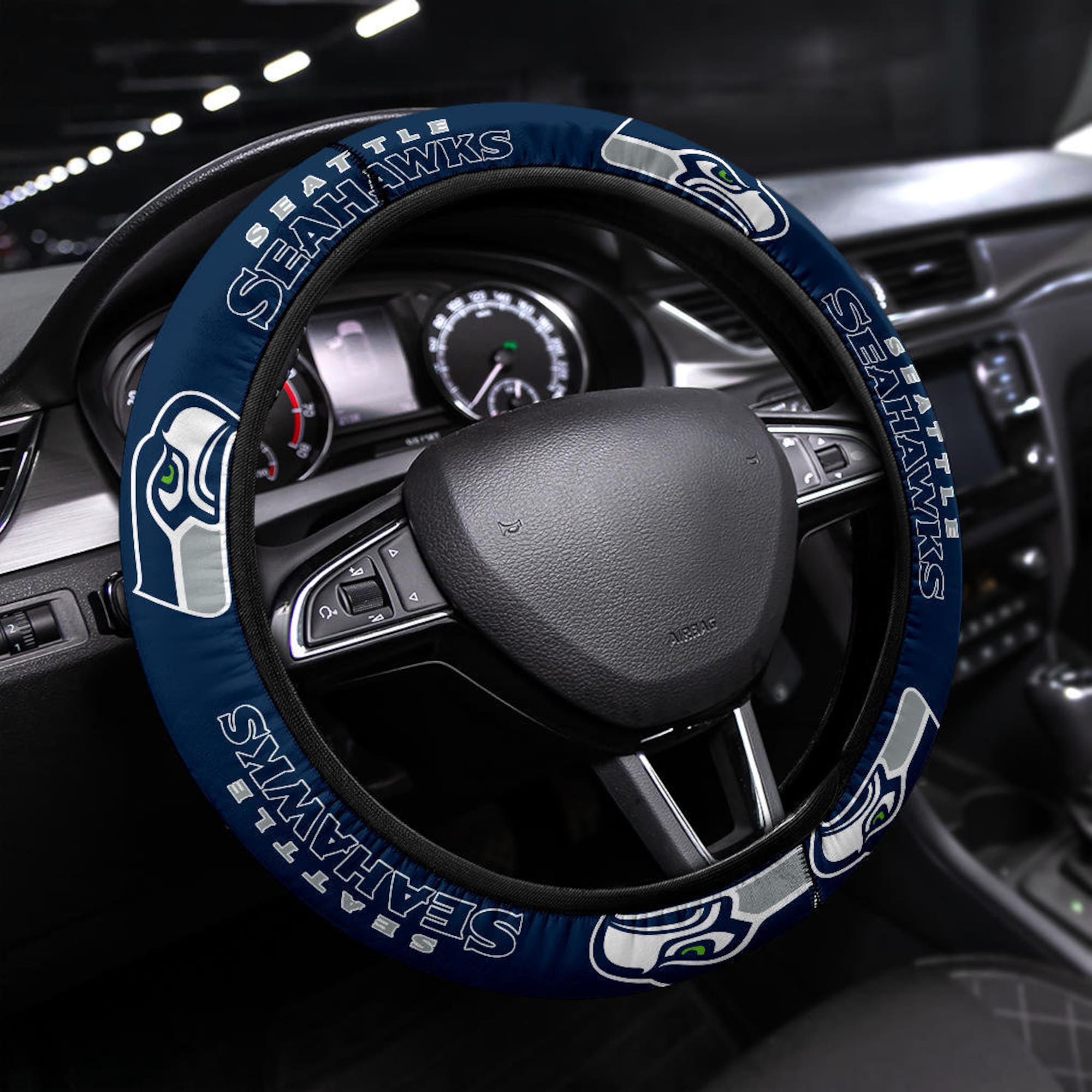Seattle Seahawks themed custom steering wheel cover for a fan