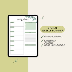 Könnte beinhalten: Eine digitale Wochenplaner-Vorlage, die auf dem Bildschirm eines Tablets angezeigt wird. Der Planer hat Abschnitte für jeden Tag der Woche mit Platz für Prioritäten, To-Do-Listen und Notizen. Die Vorlage ist mit einem grünen Blattdesign verziert.