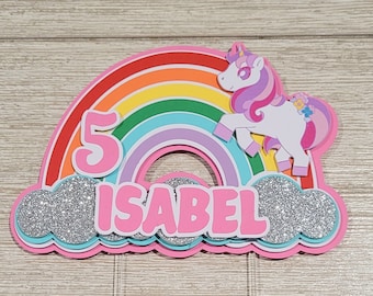 Adorno para pastel de unicornio arcoíris, mágico, fantasía, cuento de hadas, purpurina, brillante, personalizado, nube, fiesta de niñas, niños, rosa, morado,