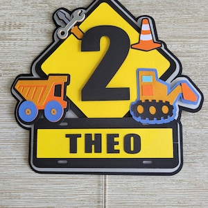 Construction cake topper, personalised, digger, builder, dump truck, construction theme, bulldozer, road, work zone, excavator, crane, tools