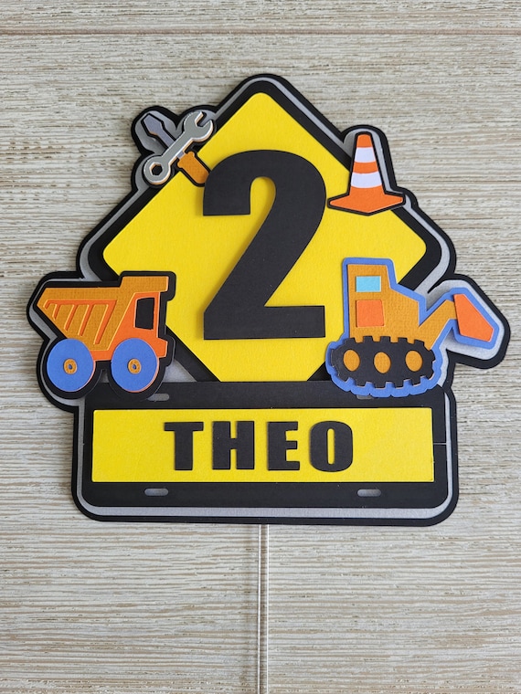 Construction cake topper, personalised, digger, builder, dump truck, construction theme, bulldozer, road, work zone, excavator, crane, tools