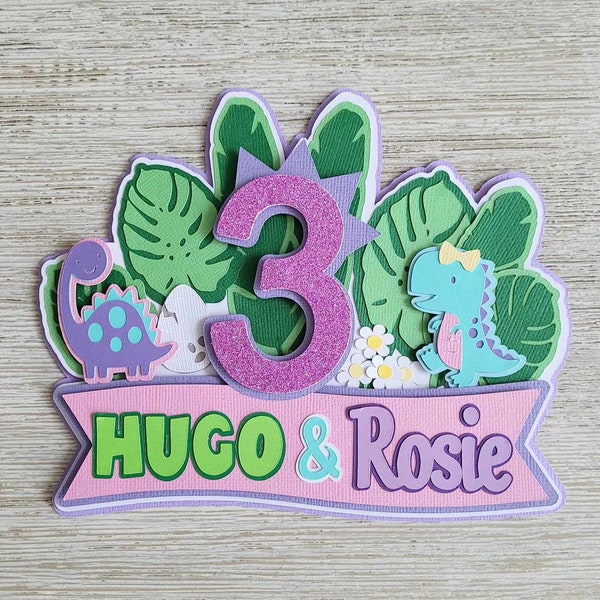 Dinosaur girl cake topper, pink dinosaur, personalised dinosaur, kid dinosaur, pretty dinosaur cake, dinosaur theme, purple dino, kids