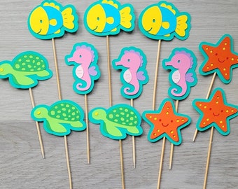 Adorno para cupcakes marino, océano, bajo el mar, playa, marino, náutico, concha marina, estrella de mar, pez, olas, caballito de mar, tortuga, cumpleaños, sirena,