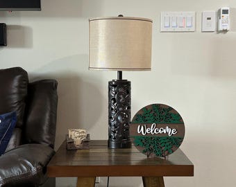 Bienvenida de madera de 28 cm (hoja verde) - Decoración del hogar