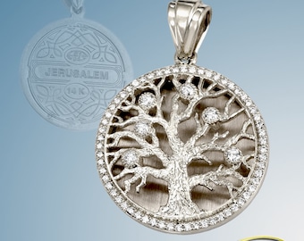 14K White Gold and White Diamond Round PendantTree of Life