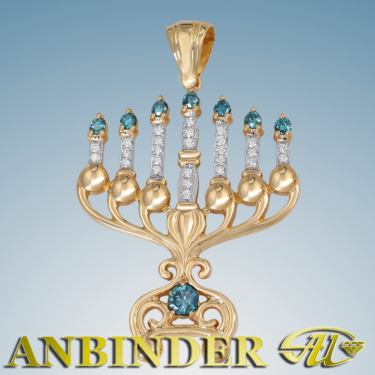 14K Yellow Gold Menorah Necklace With White and Blue Diamonds Etsy
