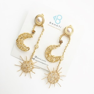 Sun and Moon earrings, handmade earrings, handmade jewelry, Gold earrings, Gold, gifts for her, earrings, Moon and sun, protection Jewelry