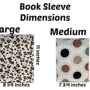 May include: Book sleeves in two sizes, large and medium, with dimensions displayed. The large sleeve features a cream and black leopard print and measures 8 1/4 x 11 inches. The medium sleeve has a white background with brown, black, and gray sunburst pattern, measuring 7 3/4 x 10 inches.