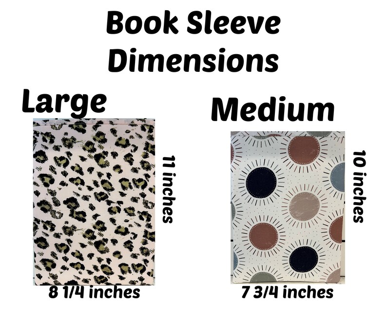 May include: Book sleeves in two sizes, large and medium, with dimensions displayed. The large sleeve features a cream and black leopard print and measures 8 1/4 x 11 inches. The medium sleeve has a white background with brown, black, and gray sunburst pattern, measuring 7 3/4 x 10 inches.