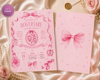 Può includere: Un invito rosa per una celebrazione di Diaversary con una cornice ovale centrale contenente un glucometro, una penna per insulina e un flacone. Il design include nastri, fiocchi, palloncini e un bicchiere da cocktail con i dettagli dell'evento.