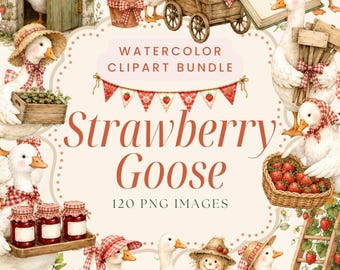 Può includere: Un pacchetto di clipart ad acquerello con oche bianche con accessori a quadretti rossi, fragole, carretti in legno, scale e barattoli. Il testo recita: WATERCOLOR CLIPART BUNDLE, Strawberry Goose, 120 PNG IMAGES, con festoni di fragole.