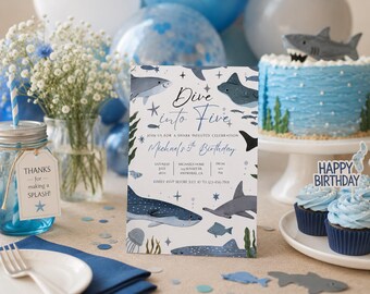 Invito di compleanno a tema squalo, festa a tema marino, oceano ad acquerello (modello Canva modificabile)